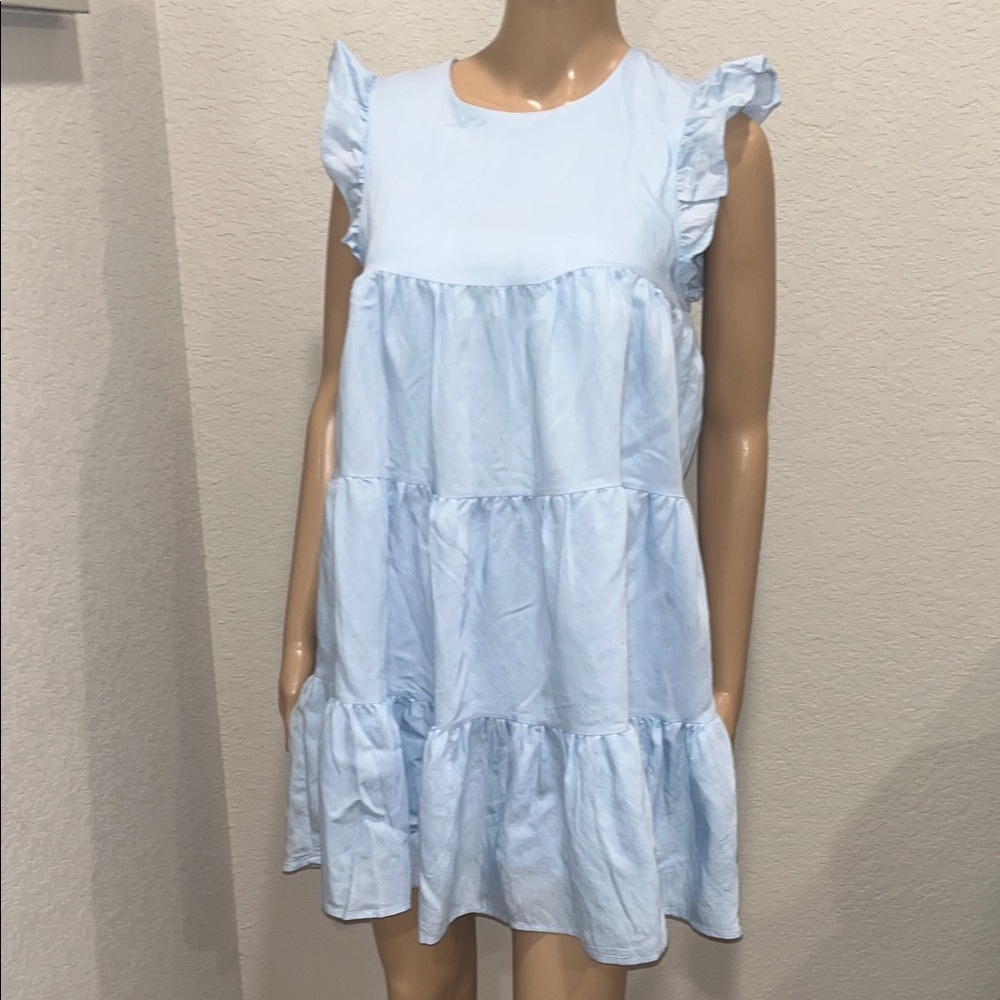 Impeccable Pig Light Blue Ruffle Tiered baby doll lined Mini Dress w/ pockets.